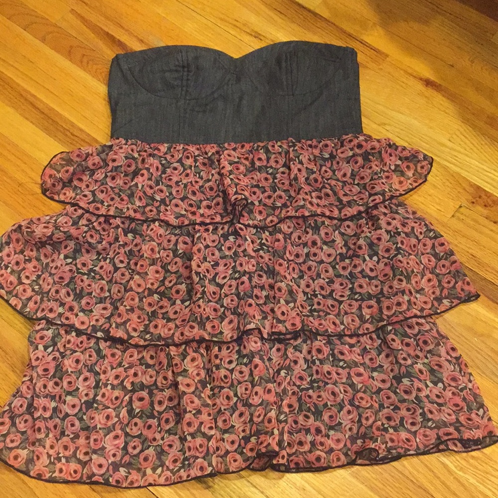 Denim and Floral Ruffle Strapless Dress Medium